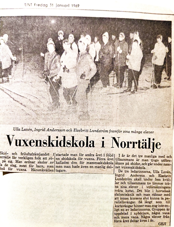Tidningsartikel om skidskolan 1969, även Mammaskidskolan